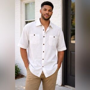 Casual White Button-Down Shirt with Brown Accents